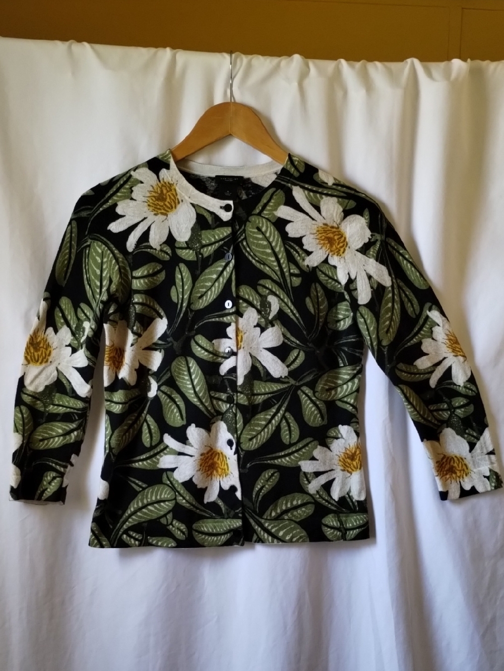 Ann Taylor Factory Black Cardigan with White and Green Floral Accents